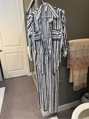 Chico's Black and White Vertical Stripe Button-Up Junpsuit with Jacket. 2 piece